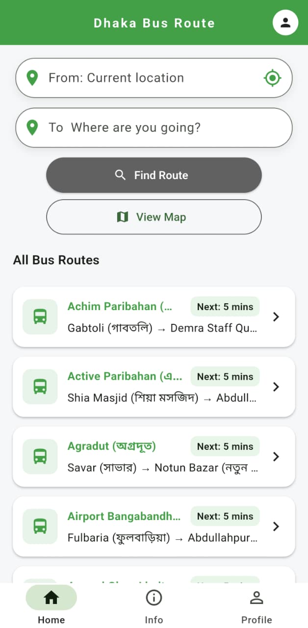 Dhaka Bus Route App Home Screen Screenshot