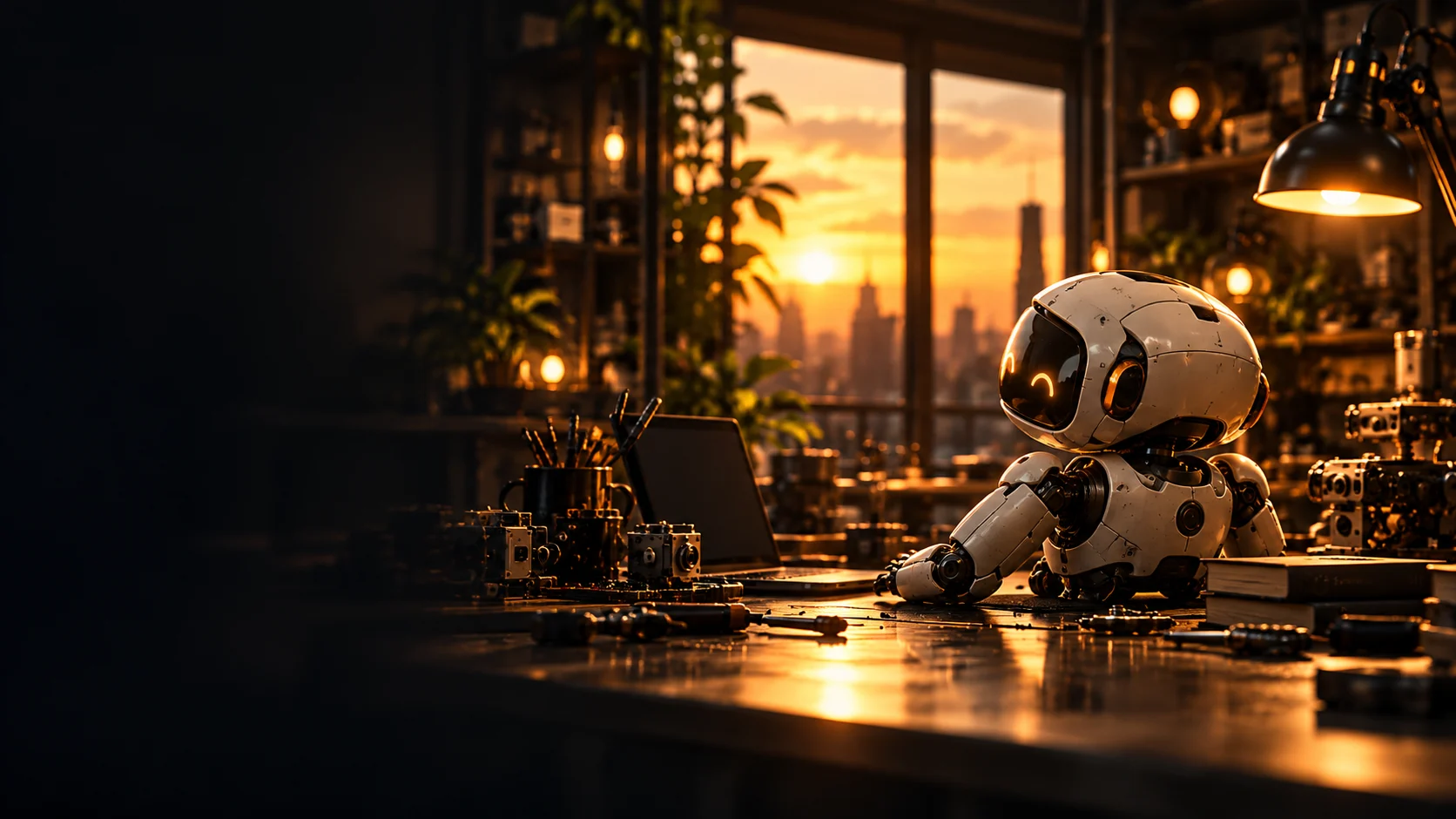 A small robot in a warmly lit workshop